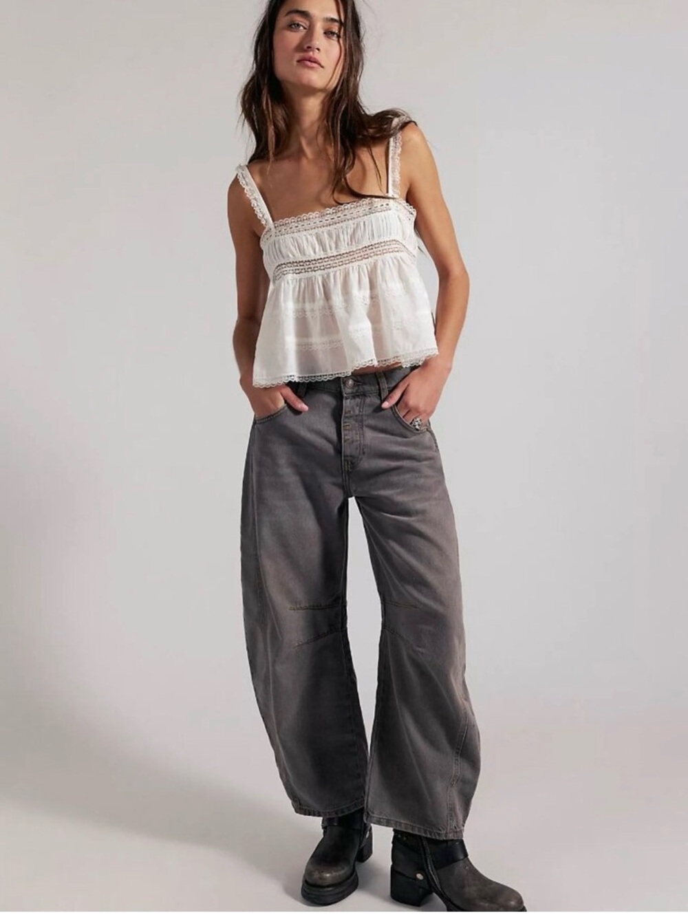 We The Free Washed Gray Lucky You barrel jeans.